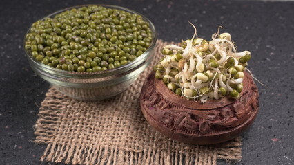 Close up of pile of sprouted seeds of green gram or moong.