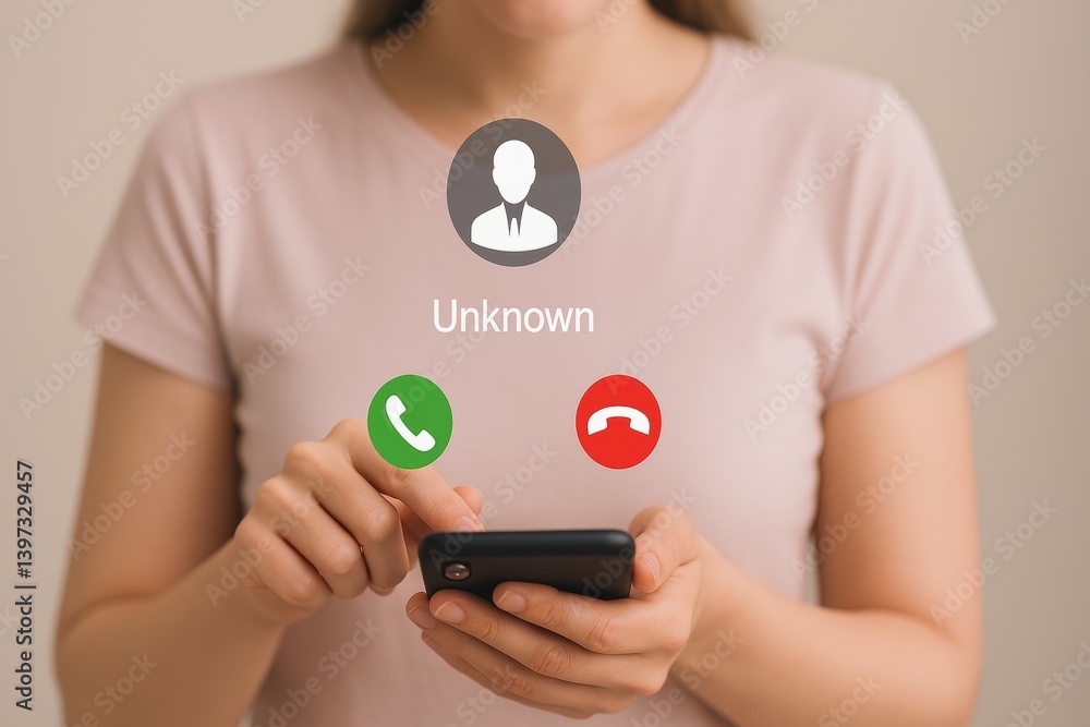 Aufkleber woman holding smartphone, answering an incoming call from an unknown number, deciding whether to acc