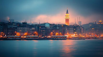 Fototapeta premium A historic city skyline under soft light, blending past and present in a serene urban vista.