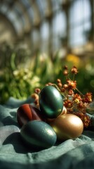 Obraz premium Colorful easter eggs resting on fabric surrounded by flowers in a garden setting during springtime