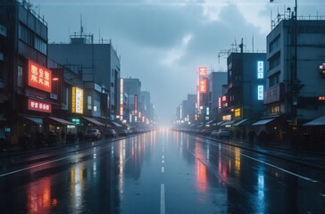 Naklejka premium A rain-slicked city street at twilight, neon signs reflecting in the wet asphalt, creating a vibrant, yet melancholic cityscape. The atmosphere is calm and serene, despite the urban setting.
