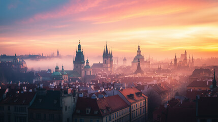 Naklejka premium A historic city skyline under soft light, blending past and present in a serene urban vista.