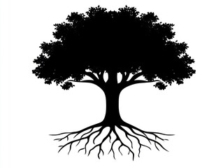 Majestic tree silhouette, roots visible, white background, nature design
