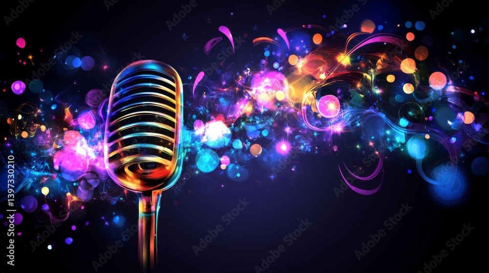 Poster An abstract image of a microphone with swirling colors and lights, creating a vibrant atmosphere that symbolizes energy and creativity in music
