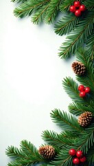 Evergreen fir tree foliage horizontal banner with pinecones and holly berries , Christmas, berries, foliage