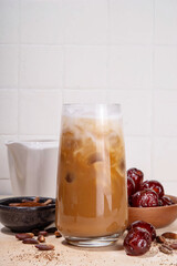 Healthy organic date seed coffee, iced coffee latte cup, made with grated date seeds, with whole...