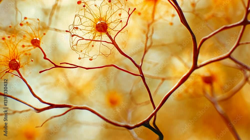 Poster abstract depiction of neuron network with dendrites, neural connections, science background, gold gl
