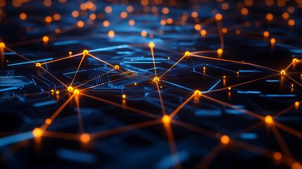 digital innovation system with glowing nodes and connected devices forming futuristic network structure for modern information flow and tech progress