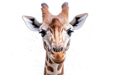 Giraffe Portrait High-resolution, sharp focus, Close-up view, Intrigued expression, White backdrop, Warm neutral tones, Wildlife photography, Perfect for nature publications.