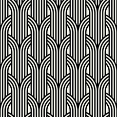 Vector seamless patterns set. Stylish modern geometric ornament. Geometric striped backgrounds with arches. Art deco bold monochrome swatches. Tileable prints with linear weaving arches.