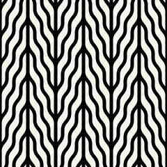 Vector seamless patterns set. Stylish modern geometric ornament. Geometric striped backgrounds with curved zigzag. Art deco bold monochrome swatches. Tileable prints with linear weaving arches.
