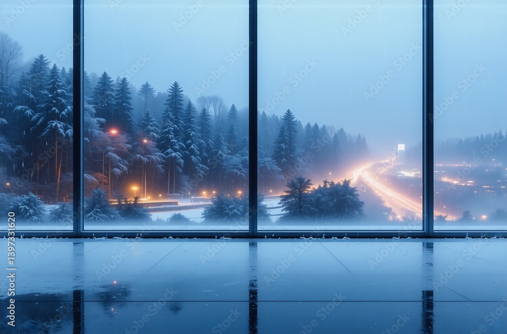 Poster a snowy winter scene viewed through large windows from a modern interior. the view includes a snow-c