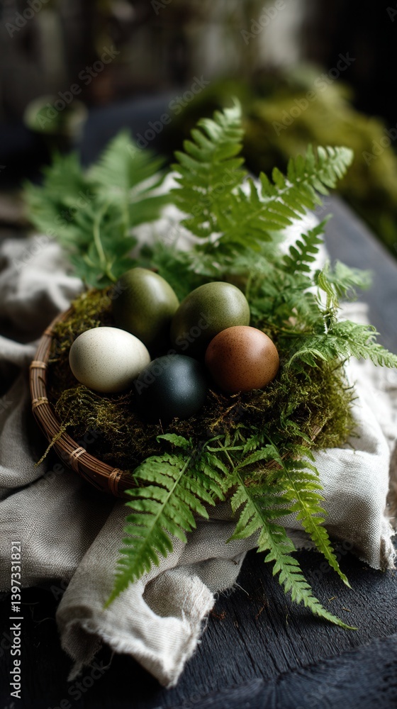 Poster nest of colored eggs surrounded by ferns and soft fabric in a serene natural setting