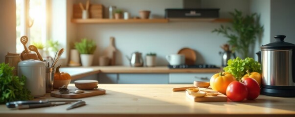 Empty kitchen table with scattered utensils and appliances surrounding a defocused focal point,  kitchen utensils,  dining room