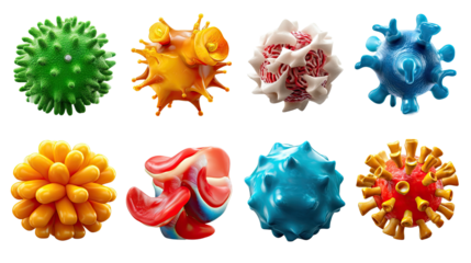 Viruses: A captivating array of diverse viruses. Each one is rendered with intricate detail, highlighting the complex beauty and varying structures that define their forms.