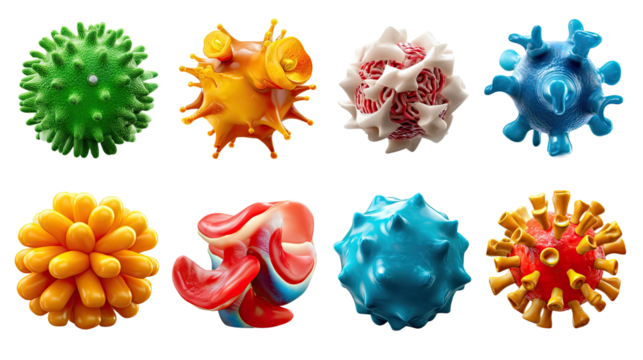 Viruses: A captivating array of diverse viruses. Each one is rendered with intricate detail, highlighting the complex beauty and varying structures that define their forms.