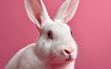Obraz premium White Rabbit Portrait on Pink Background Cute Animal Closeup