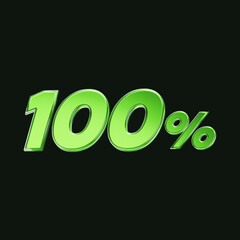 Green glass 100 percent or 100% symbol isolated on black background. 3D rendering.
