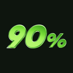 Green glass 90 percent or 90% symbol isolated on black background. 3D rendering.