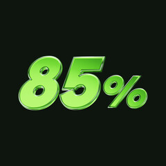 Green glass 85 percent or 85% symbol isolated on black background. 3D rendering.