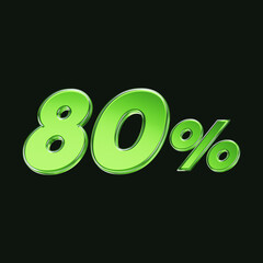 Green glass 80 percent or 80% symbol isolated on black background. 3D rendering.