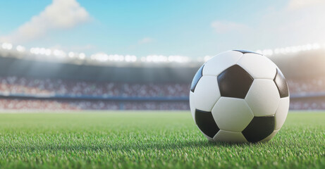 Fototapeta premium soccer ball rests on lush green grass in front of brightly lit stadium, capturing excitement of game day atmosphere