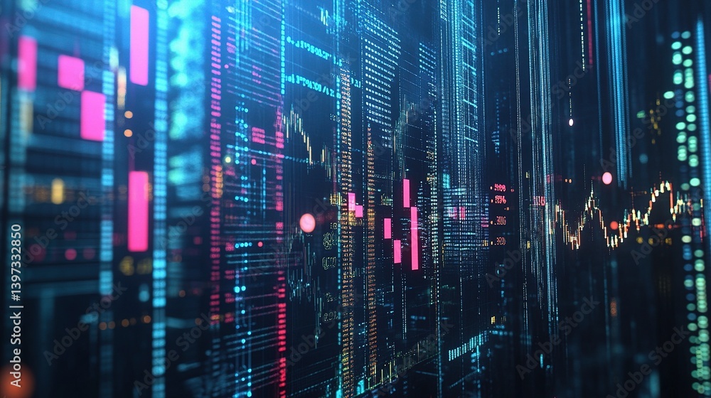 Poster futuristic data visualization with rows of currency trading charts