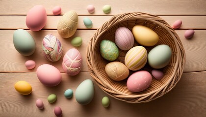 Easter painted eggs in a nest or wicker basket on a wooden surface with space for text