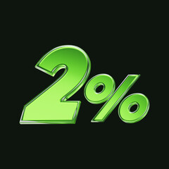 Green glass 2 percent or 2% symbol isolated on black background. 3D rendering.