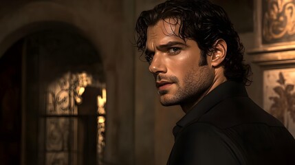 Fototapeta premium Dark Profile of a Man with Intense Expression in Mysterious Setting