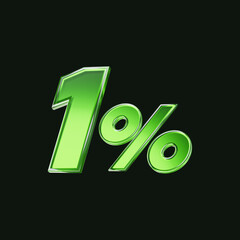 Green glass 1 percent or 1% symbol isolated on black background. 3D rendering.