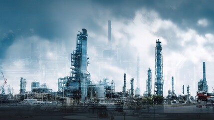 Obraz premium Innovative Double Exposure of Oil and Gas Refinery with Clouds