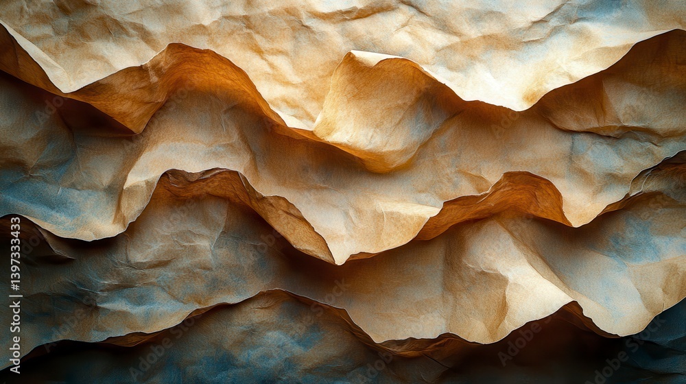 Poster layers of translucent, crumpled paper create warm, textured abstract design