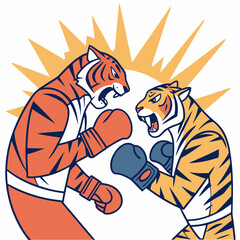 Obraz premium Cartoon Tigers Boxing Match Funny Animal Fight Vector Illustration