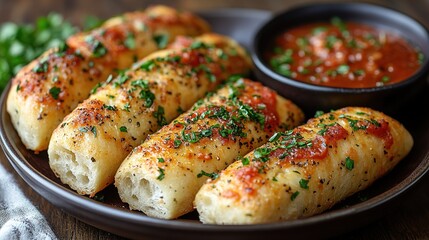 Savory and flavorful garlic breadsticks adorned with herbs and marinara sauce