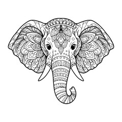 Elephant Head Vector Art and Floral Design in Mandala Style. Drawing illustration Coloring pages for adult.