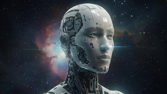 Futuristic robot head deep in thought