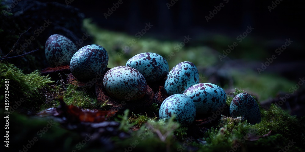 Poster vibrant speckled eggs resting on moss in a serene forest setting during twilight hours