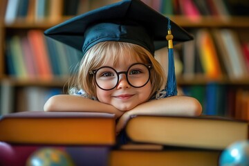A child in a graduation cap and glasses smiles warmly while resting their head on stacked books, celebrating intellectual growth, education, and youthful enthusiasm.