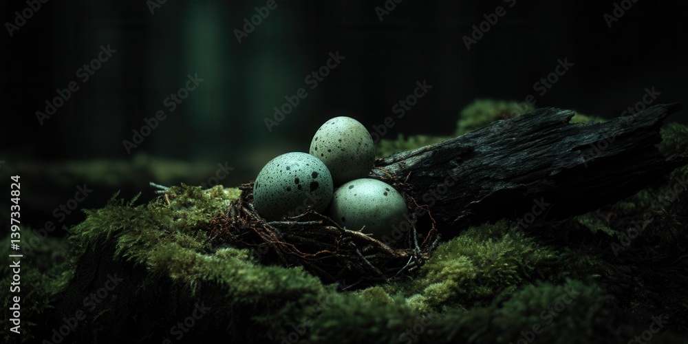 Aufkleber nest of three speckled eggs resting on mossy ground in a dim forest setting during twilight hours
