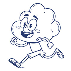 Smiling Cartoon Cloud Character Running. Happy Weather Icon in Blue Outline Style