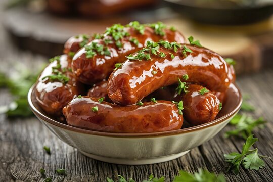 a bowl filled with glazed sausages