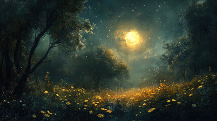 Obraz premium serene moonlit landscape with glowing full moon illuminating field of wildflowers. scene is surrounded by trees, creating mystical and tranquil atmosphere under starry sky