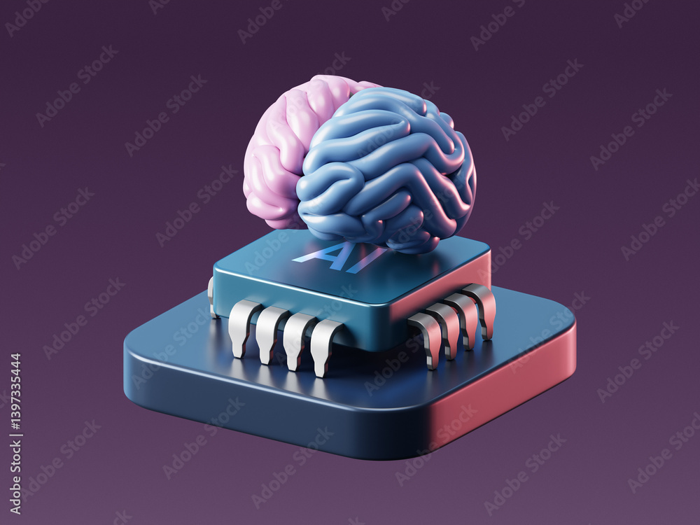Poster 3d ai brain with artificial intelligence technology and neural digital data machine.