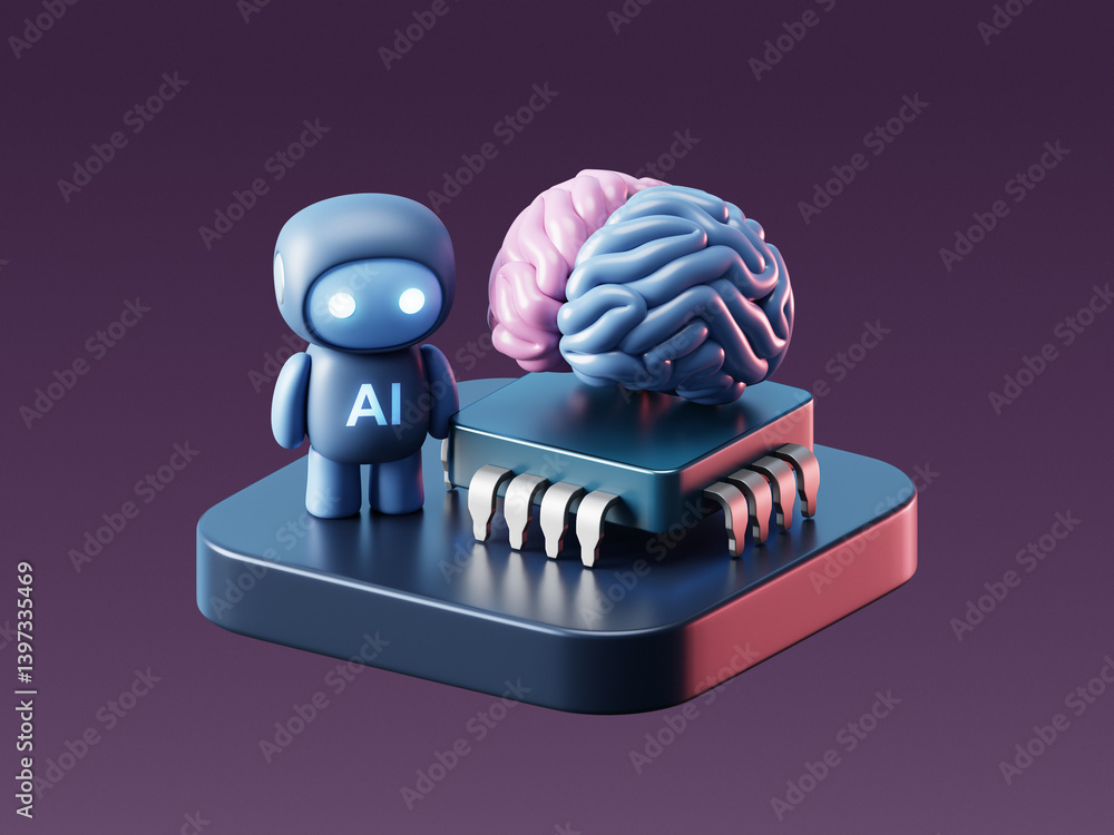 Poster 3d ai brain with artificial intelligence technology and neural digital data machine.