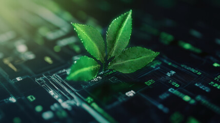 glowing green plant emerges from digital circuit board, symbolizing fusion of nature and technology. eco friendly theme highlights sustainability in futuristic context