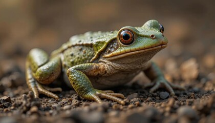 Obraz premium Green Frog on Dark Soil, Close-Up Portrait with Red Eyes