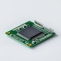 Close-up of a green printed circuit board with a microchip on a light background for technology concepts