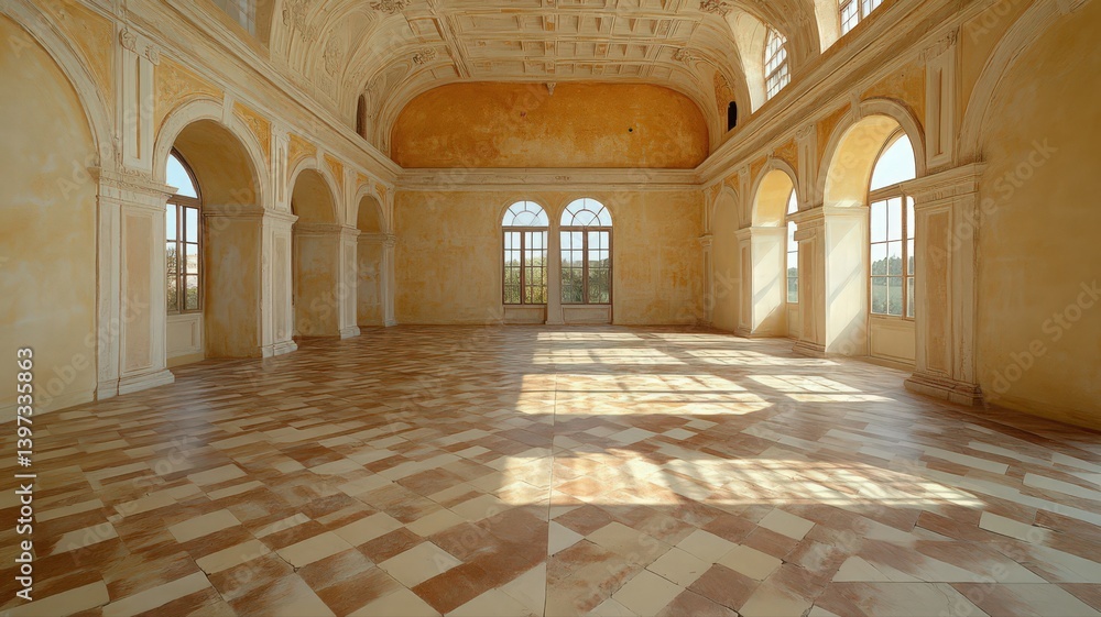 Poster sunlit room with intricate mosaic details arches and large windows in a spacious interior with warm 