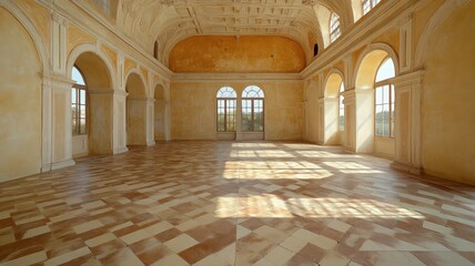 Obraz premium Sunlit Room with Intricate Mosaic Details Arches and Large Windows in a Spacious Interior with Warm Tones and Decorative Elements